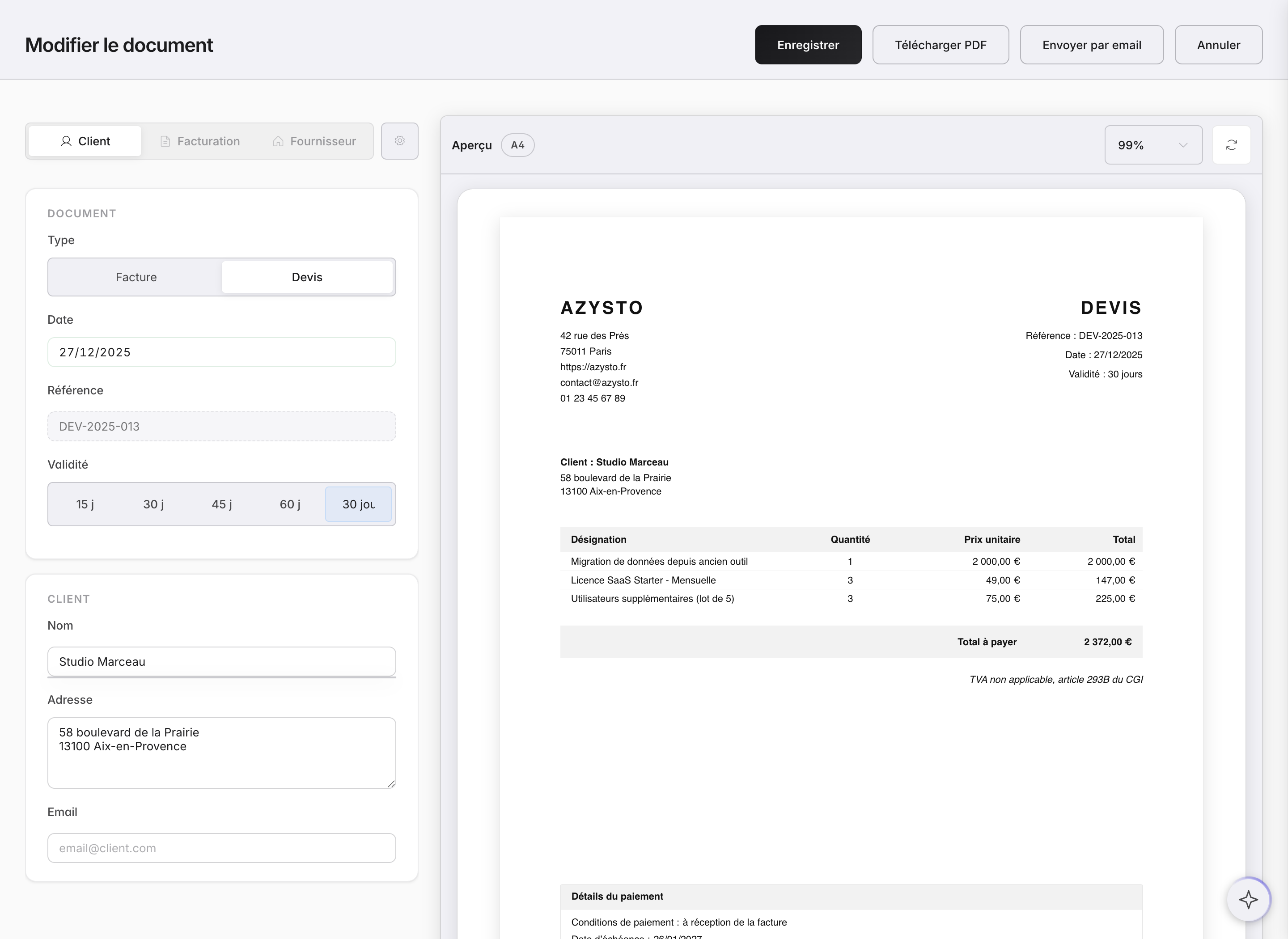 Éditeur de facture micro-entrepreneur avec aperçu PDF en temps réel — mentions obligatoires, totaux conformes